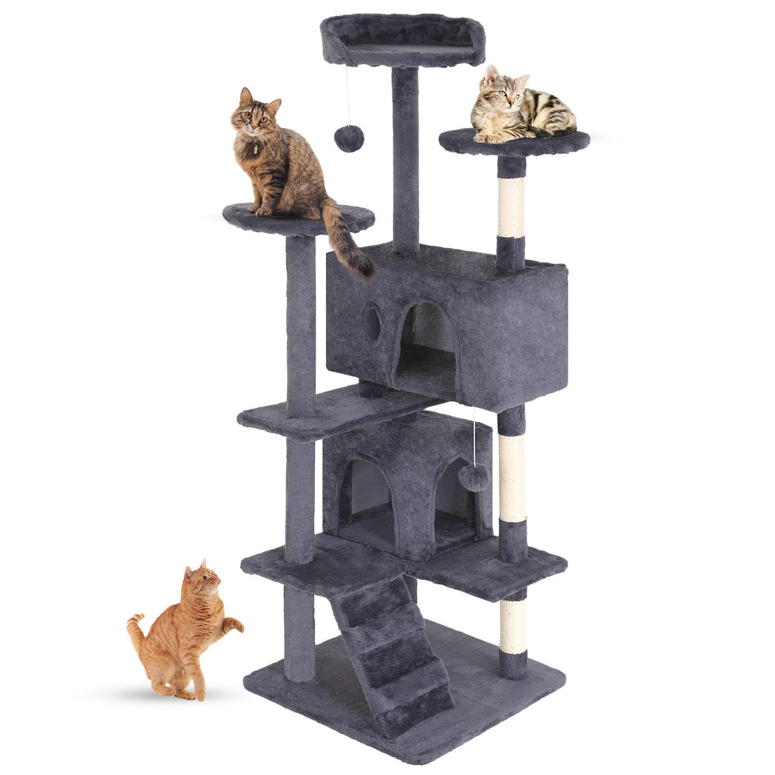 FDW | 54" Cat Tree Tower | Dark Gray | Multi-Level Indoor Activity Center with Sisal Scratching Posts, Condos, Plush Perches, Hanging Cat Toys | Sturdy, Easy to Assemble | for Kittens & Adult Cats