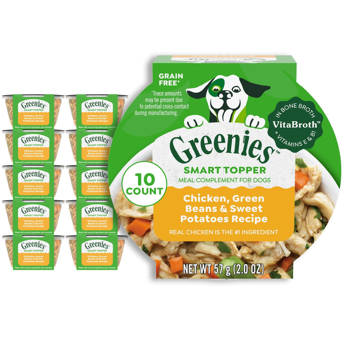 Greenies Smart Topper High Protein Wet Mix-in for Dogs, Duck, Broccoli, Carrots & Barley Recipe in Vitabroth Broth - Bone Broth + Vitamins E & B1, 10 Count